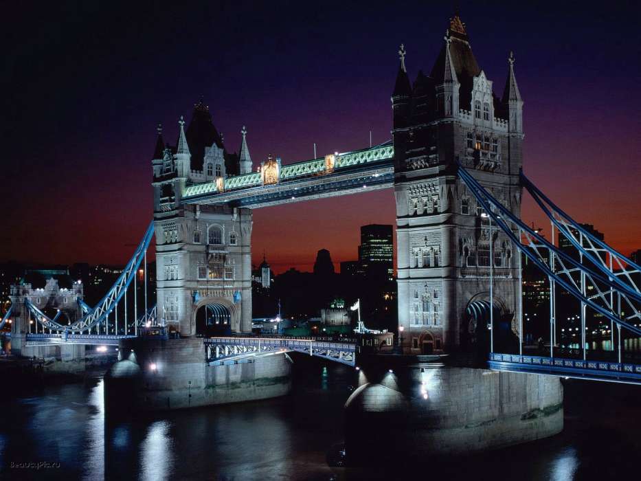 Архитектура, Города, Лондон, Мосты, Ночь, Пейзаж, Река