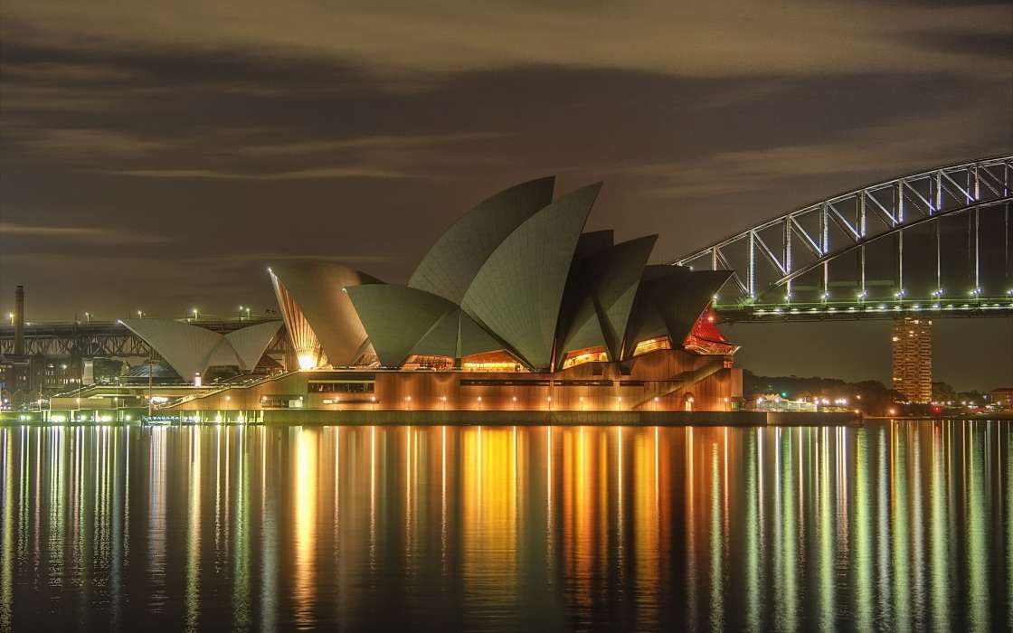 Архитектура, Города, Море, Ночь, Пейзаж, Сидней (Sydney)