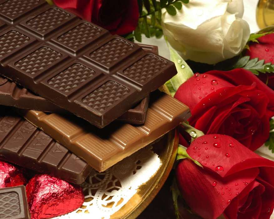 Цветы, День святого Валентина (Valentine&#039;s day), Десерты, Еда, Праздники, Розы, Шоколад
