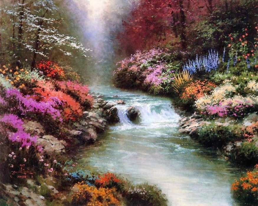 Цветы, Пейзаж, Река, Рисунки, Вода