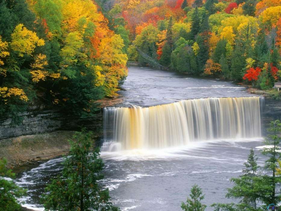 Деревья, Осень, Пейзаж, Река, Водопады