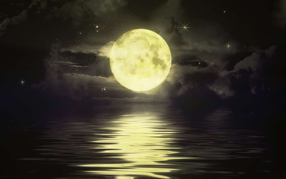 Луна, Море, Ночь, Пейзаж, Рисунки