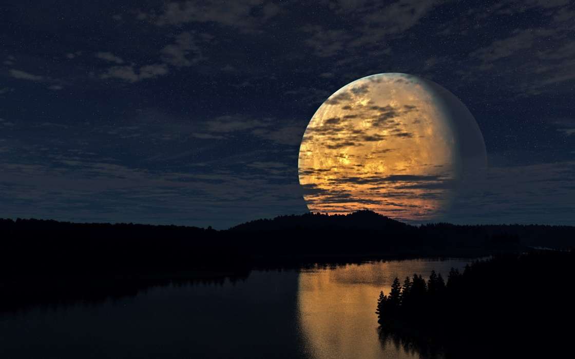 Луна, Ночь, Пейзаж, Река