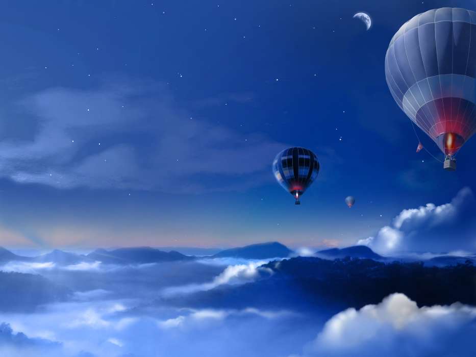Воздушные шары, Небо, Ночь, Пейзаж, Рисунки