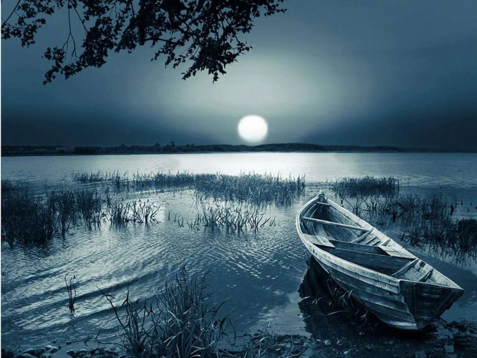 Лодки, Ночь, Пейзаж, Река