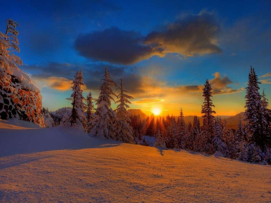 Пейзаж,Природа,Снег,Закат,Зима