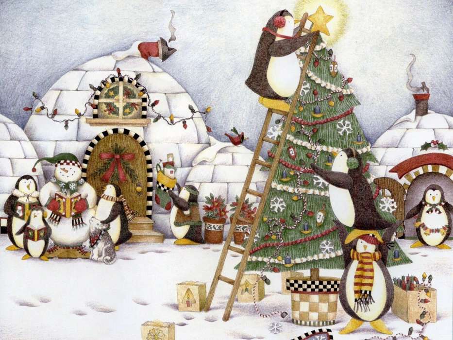 Пингвины, Праздники, Рисунки, Рождество (Christmas, Xmas), Снег
