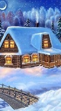 Дома, Зима, Мосты, Ночь, Пейзаж, Рисунки, Снег
