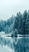 Новые обои на телефон скачать бесплатно: Деревья, Елки, Пейзаж, Река, Снег, Зима.