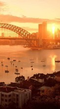 Новые обои на телефон скачать бесплатно: Города, Лодки, Мосты, Пейзаж, Сидней (Sydney), Закат.