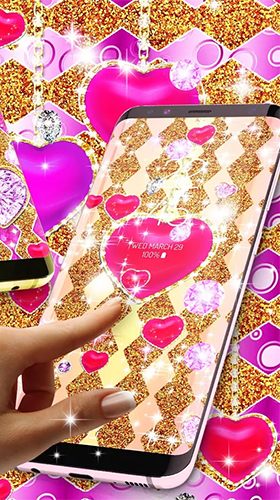 Скачать бесплатные живые обои Фон для Андроид на рабочий стол планшета: Golden luxury diamond hearts.