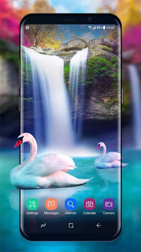 Скачать бесплатно живые обои Waterfall and swan на Андроид телефоны и планшеты.